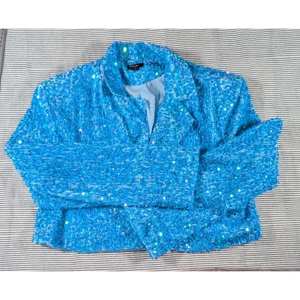 Nasty Gal $326 Size 6 Teal Blue Sequin Two Piece Set Cropped Blazer Flare Pants - Picture 5 of 16